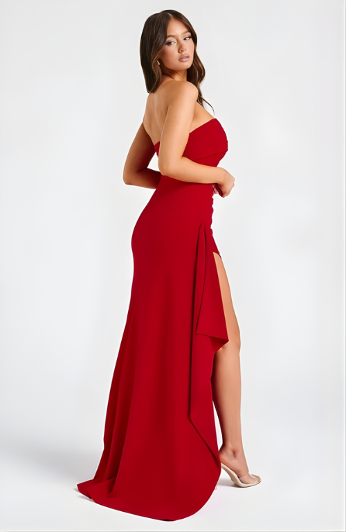 Golden Gate Strapless Twisted Maxi Dress with High Slit