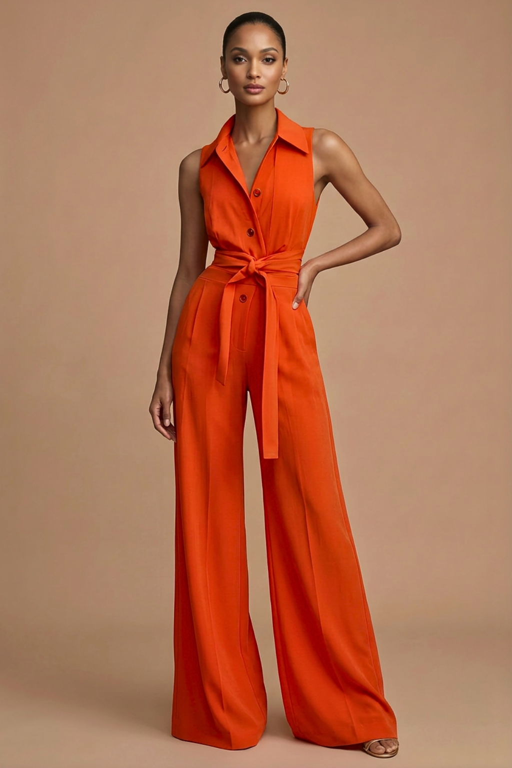 Collared Sleeveless Wide-Leg Jumpsuit with Waist Tie