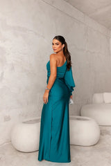 Evora One-Shoulder Satin Evening Dress with Side Slit