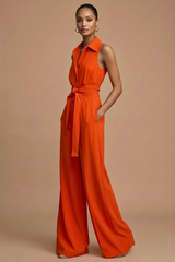 Collared Sleeveless Wide-Leg Jumpsuit with Waist Tie