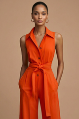 Collared Sleeveless Wide-Leg Jumpsuit with Waist Tie
