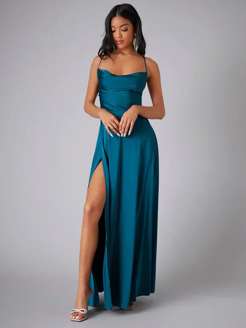 Havana Satin Maxi Evening Dress with High Slit and Open Back
