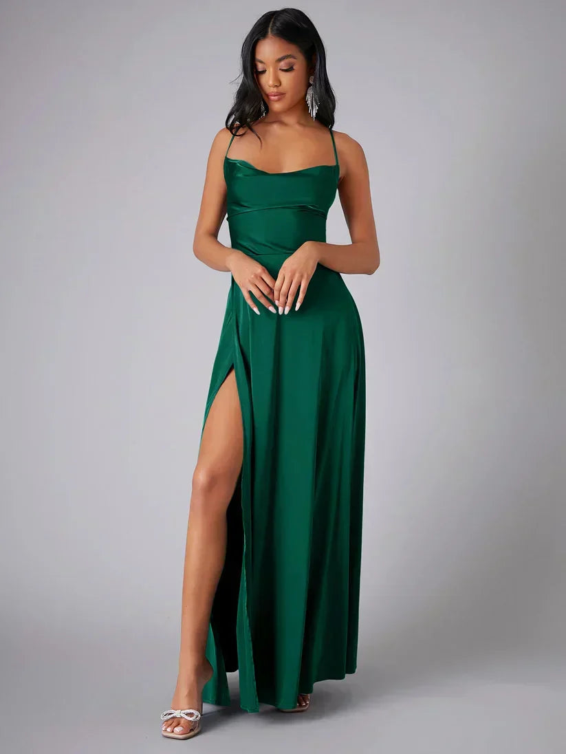Havana Satin Maxi Evening Dress with High Slit and Open Back