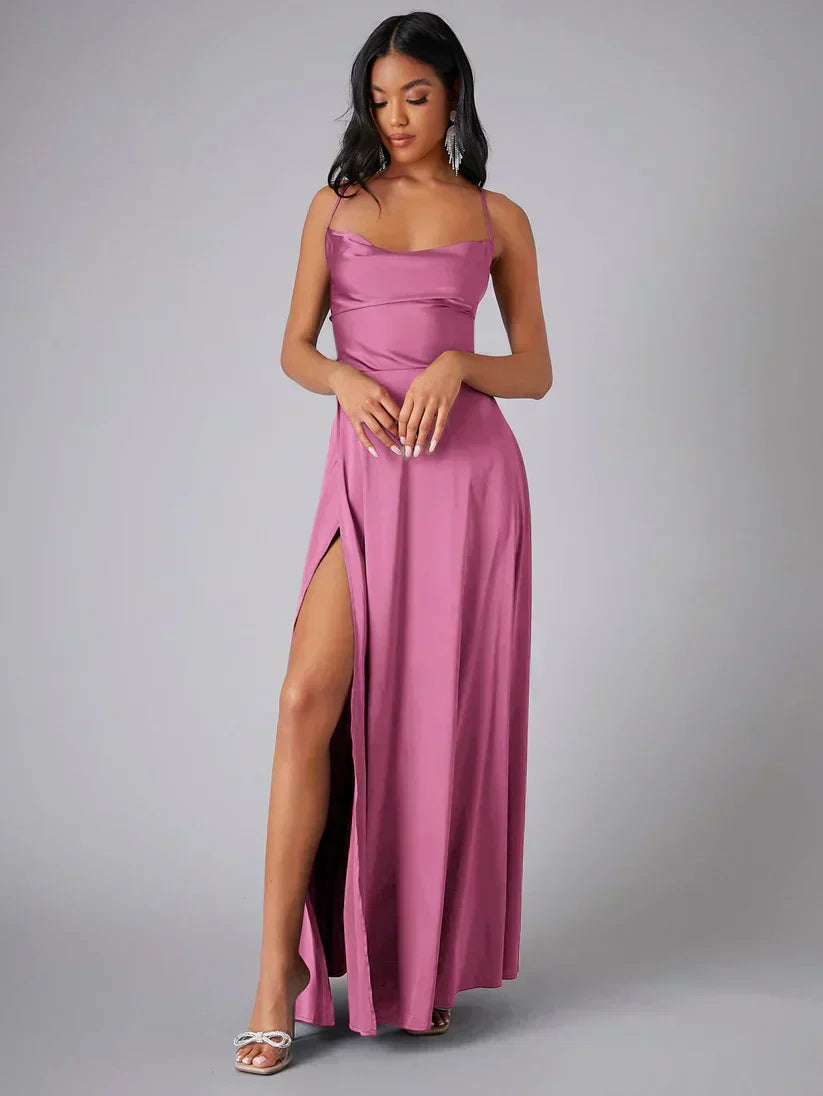 Havana Satin Maxi Evening Dress with High Slit and Open Back