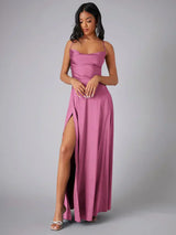 Havana Satin Maxi Evening Dress with High Slit and Open Back