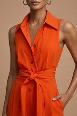 Collared Sleeveless Wide-Leg Jumpsuit with Waist Tie