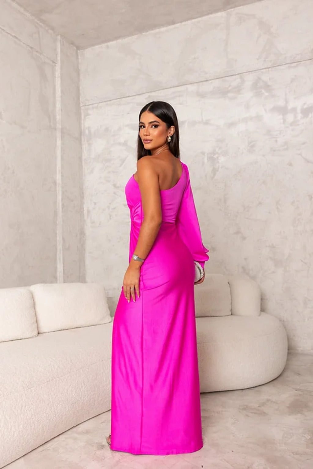 Evora One-Shoulder Satin Evening Dress with Side Slit