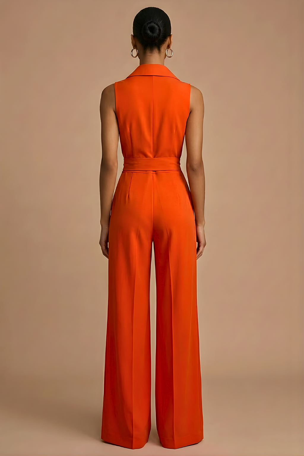 Collared Sleeveless Wide-Leg Jumpsuit with Waist Tie