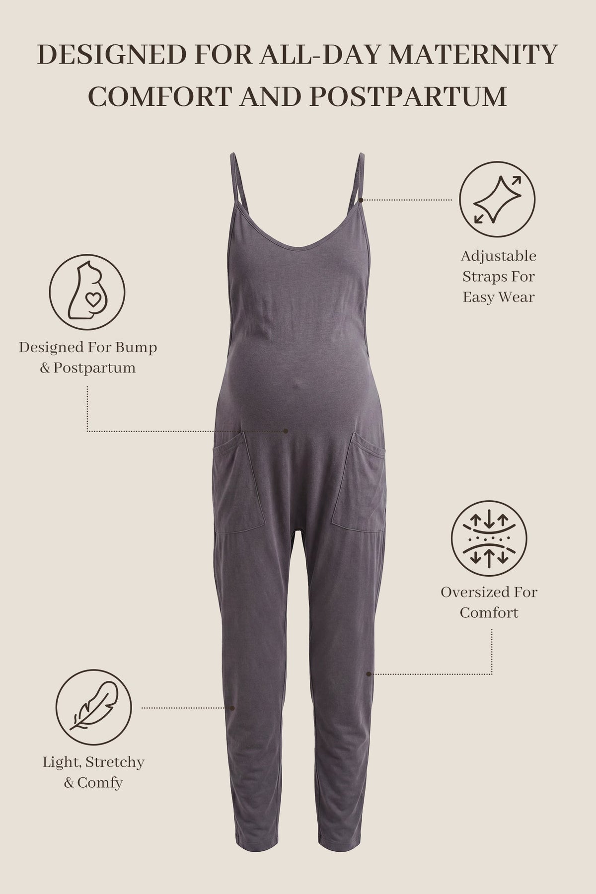 Sierra Relaxed Maternity Jumpsuit with Adjustable Straps and Pockets