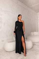 Evora One-Shoulder Satin Evening Dress with Side Slit