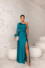 Evora One-Shoulder Satin Evening Dress with Side Slit