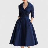 Morro Bay Wrap V-Neck Midi Dress with 3/4 Sleeves and Pockets