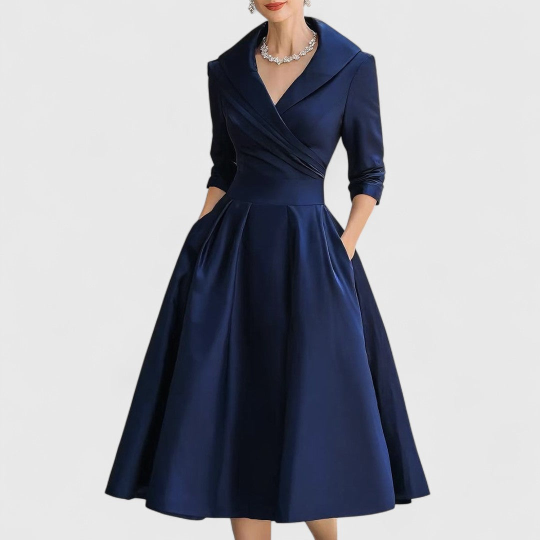 Morro Bay Wrap V-Neck Midi Dress with 3/4 Sleeves and Pockets