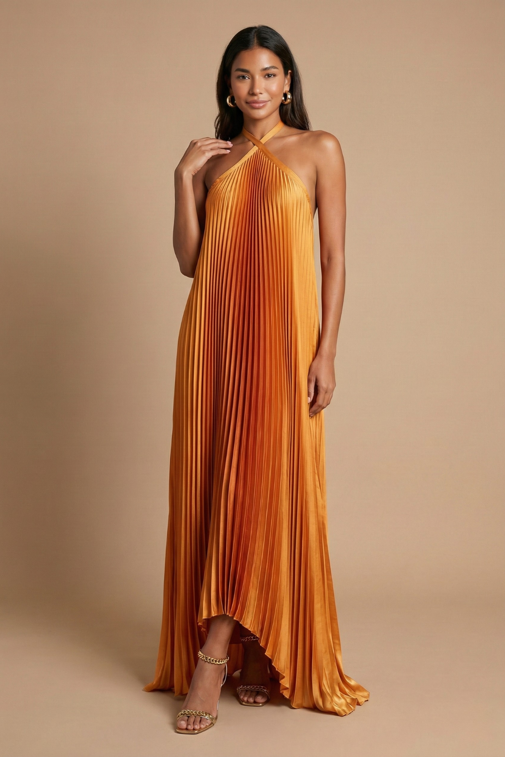 Azure Open-Back Halter Pleated Maxi Dress