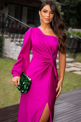 Evora One-Shoulder Satin Evening Dress with Side Slit