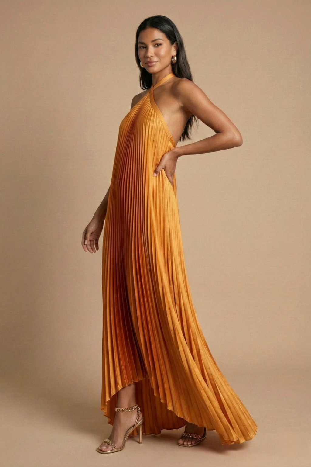 Azure Open-Back Halter Pleated Maxi Dress