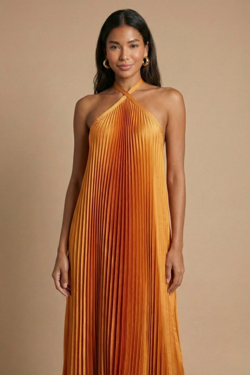 Azure Open-Back Halter Pleated Maxi Dress