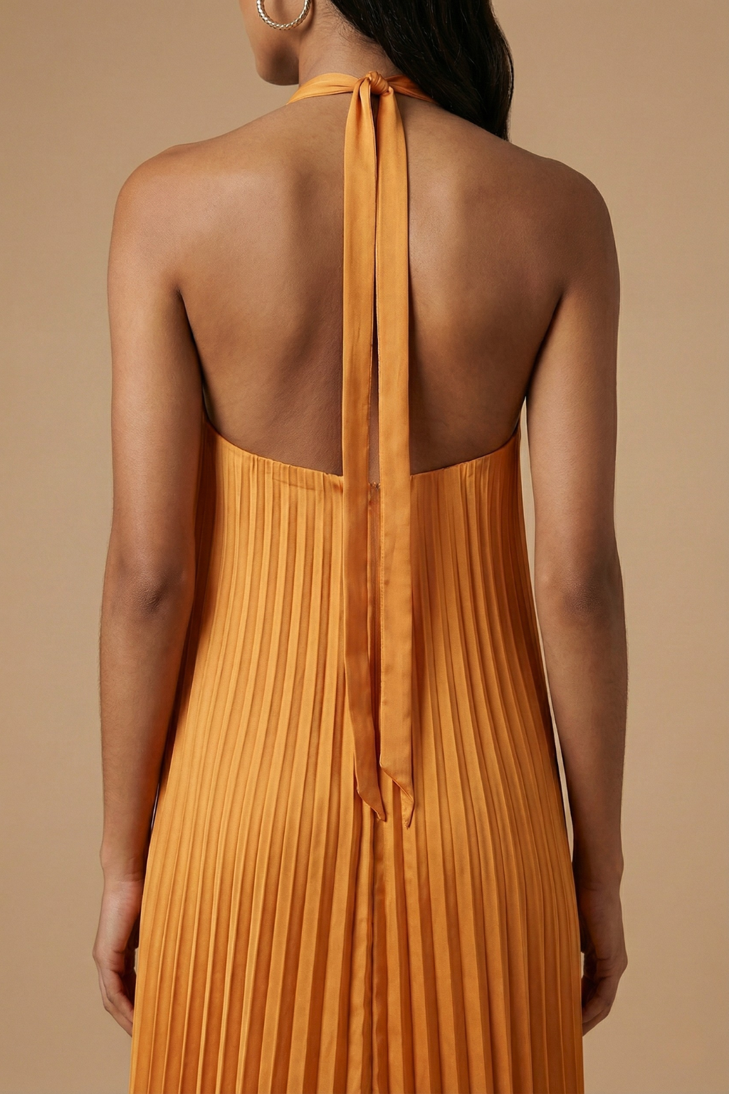 Azure Open-Back Halter Pleated Maxi Dress