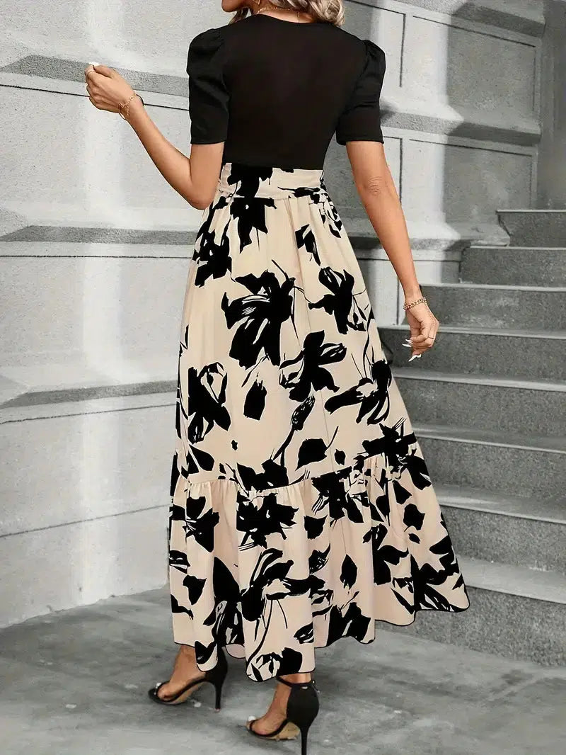 Botanical Print A-Line Maxi Dress with Short Sleeves