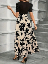 Botanical Print A-Line Maxi Dress with Short Sleeves