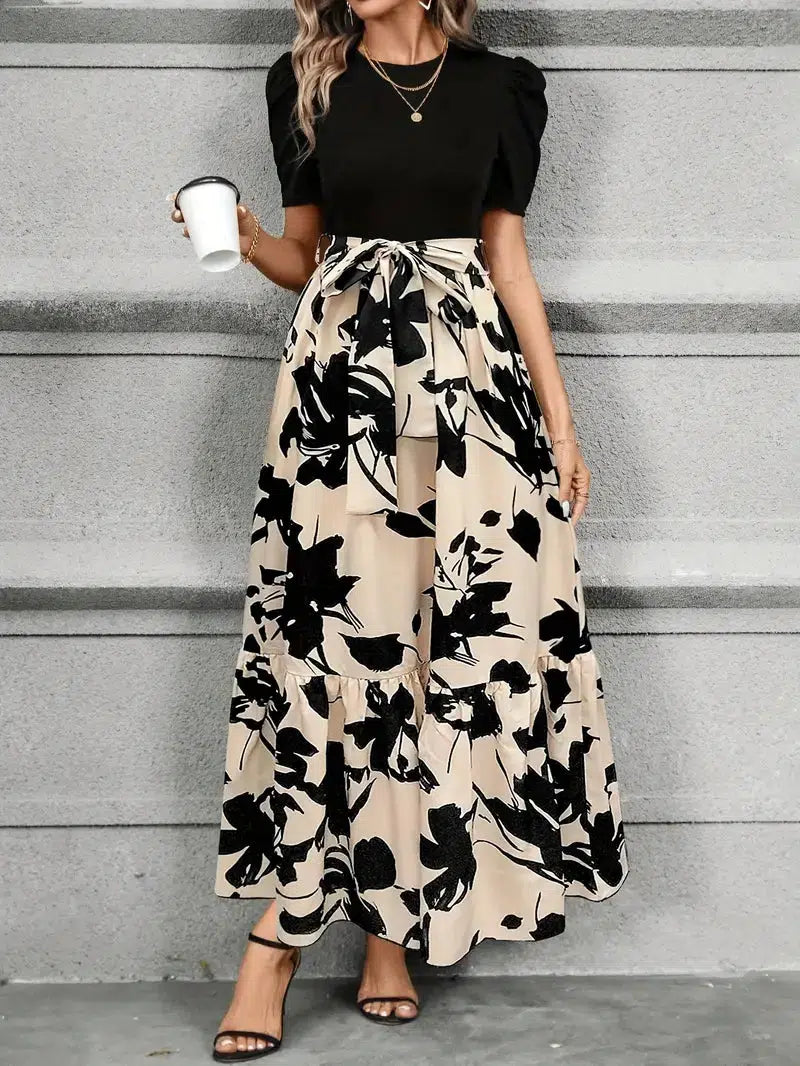 Botanical Print A-Line Maxi Dress with Short Sleeves