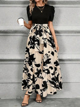 Botanical Print A-Line Maxi Dress with Short Sleeves