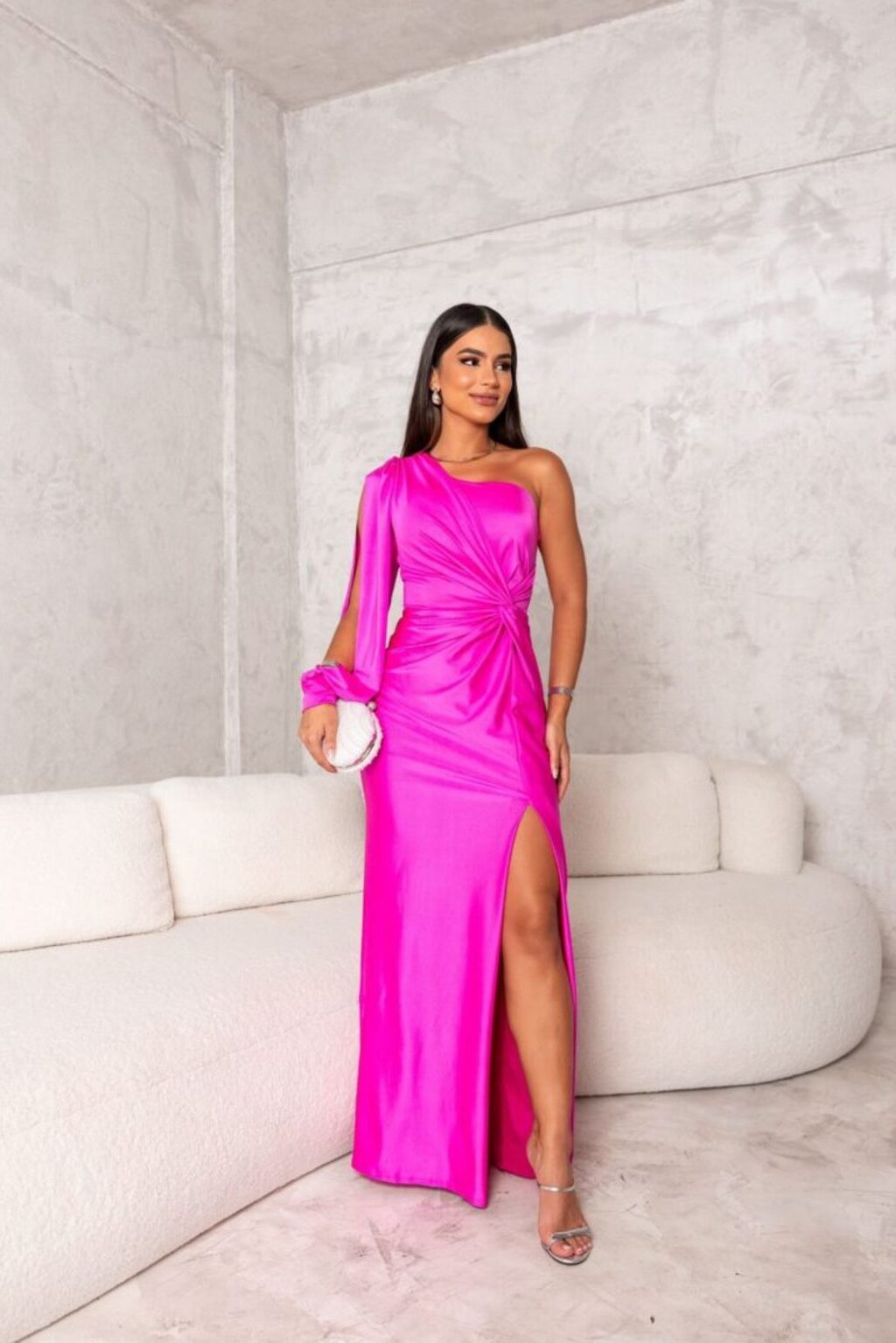 Evora One-Shoulder Satin Evening Dress with Side Slit