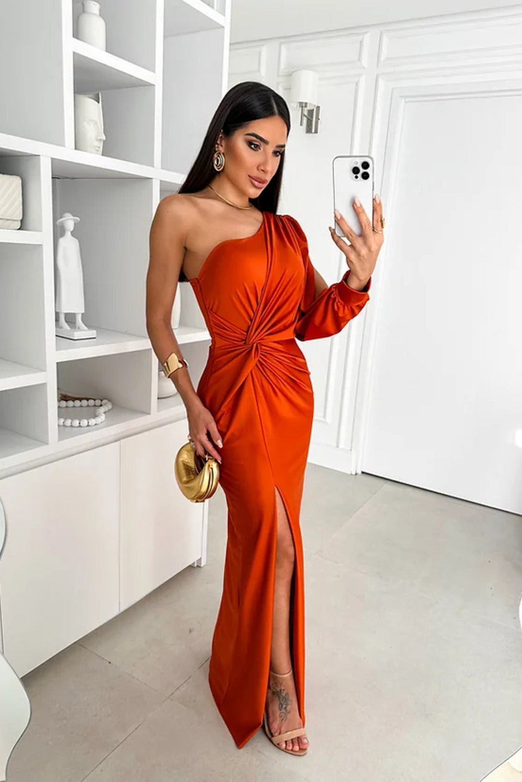 Evora One-Shoulder Satin Evening Dress with Side Slit