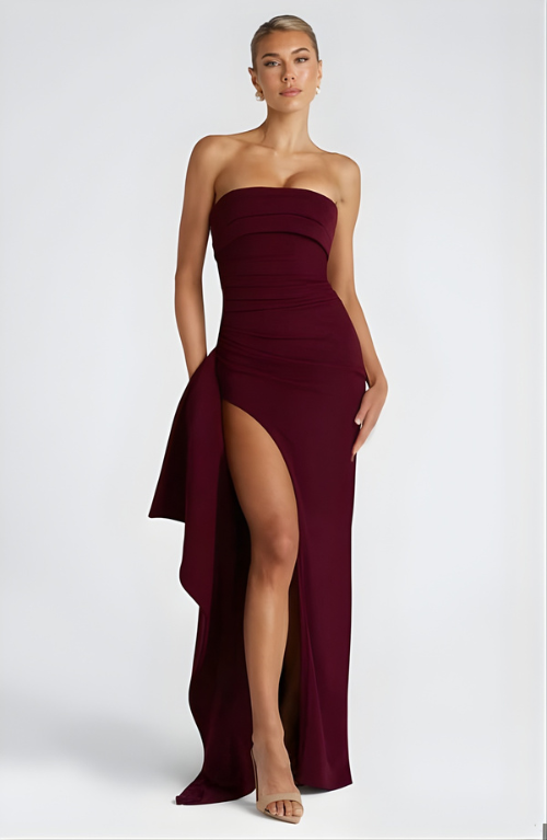 Golden Gate Strapless Twisted Maxi Dress with High Slit