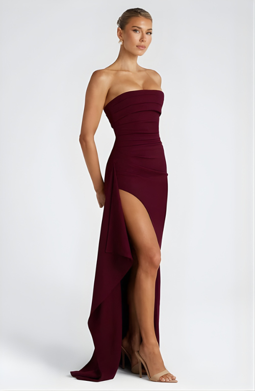 Golden Gate Strapless Twisted Maxi Dress with High Slit