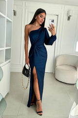 Evora One-Shoulder Satin Evening Dress with Side Slit