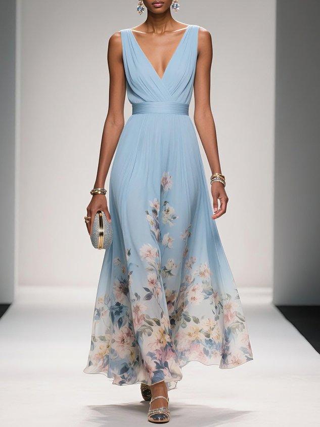 Half Moon Bay Floral V-Neck A-Line Wedding Guest Dress