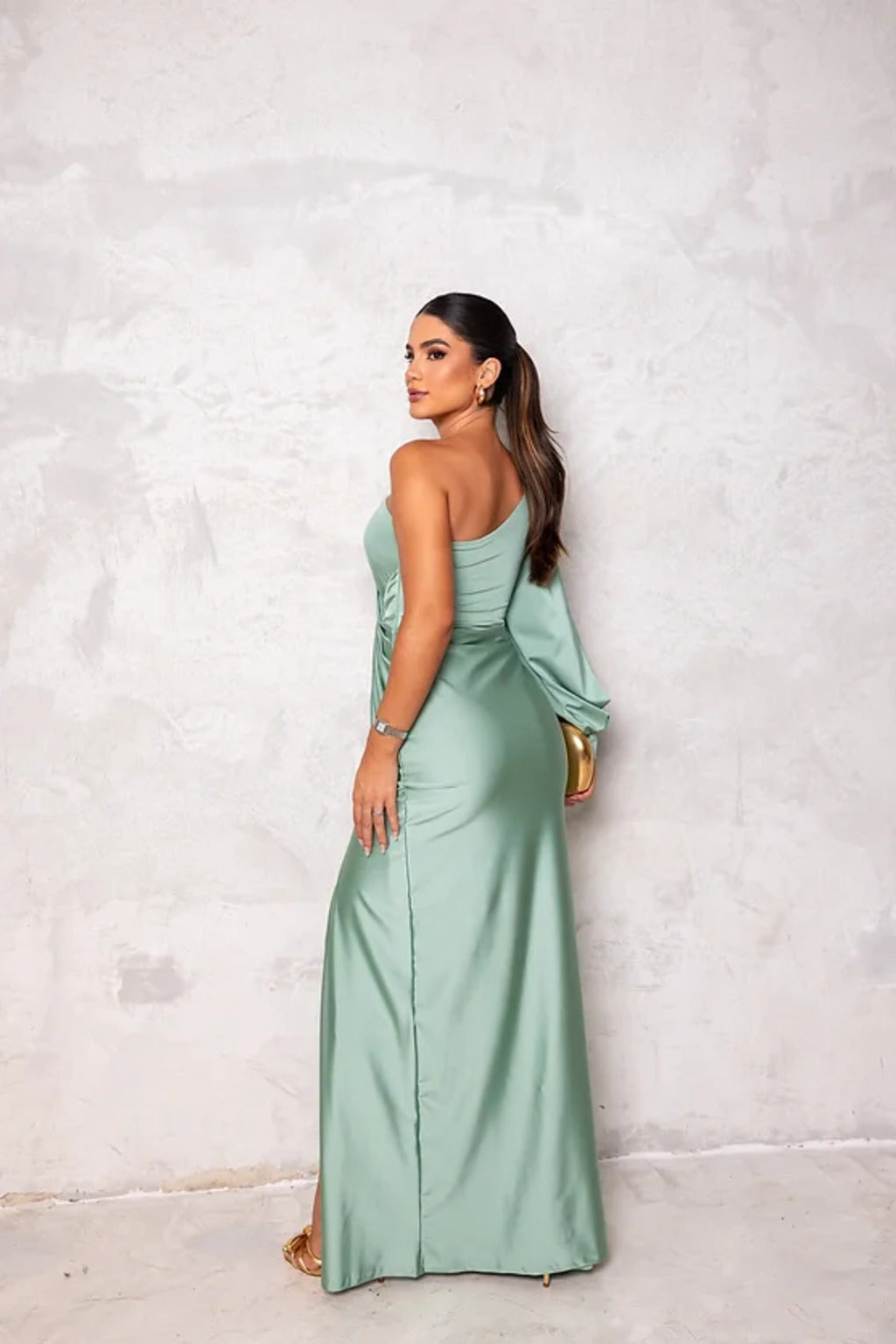 Evora One-Shoulder Satin Evening Dress with Side Slit