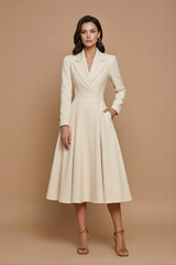 Notched Lapel Pleated A-Line Midi Dress