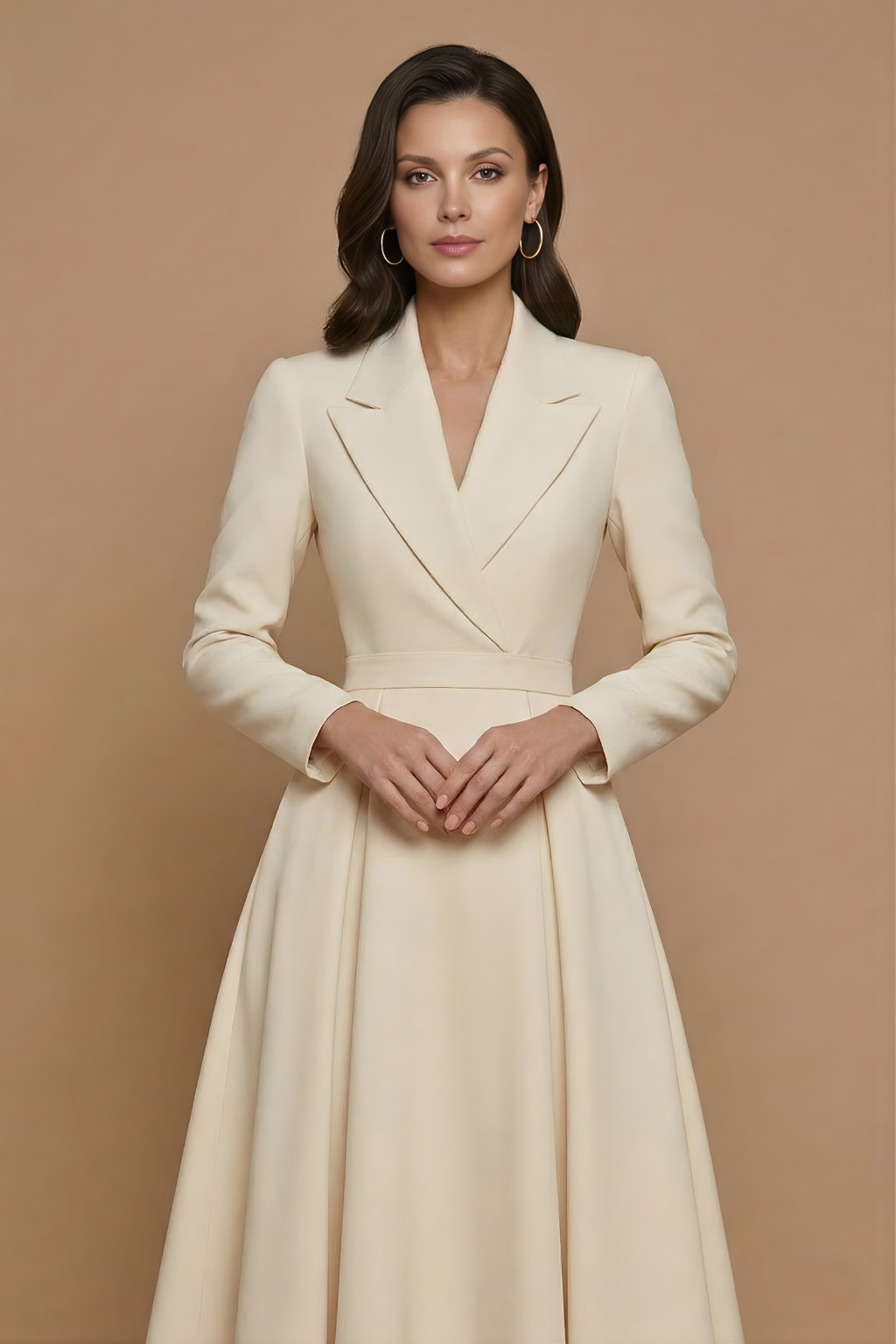 Notched Lapel Pleated A-Line Midi Dress
