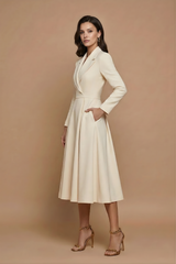 Notched Lapel Pleated A-Line Midi Dress