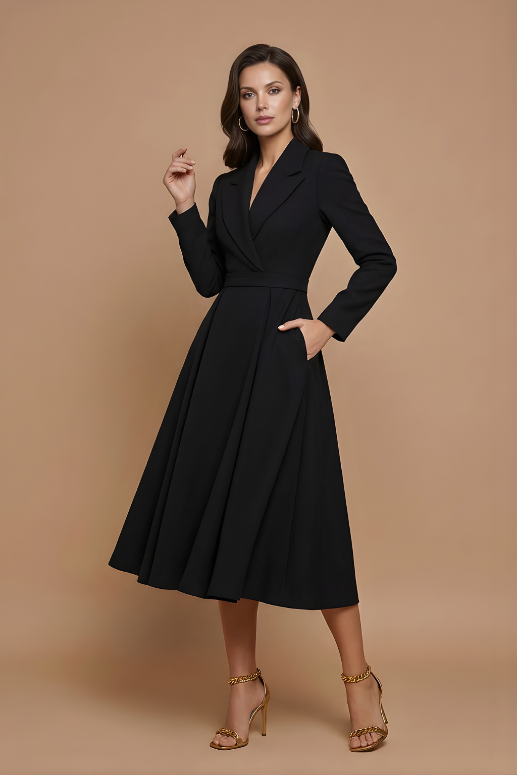 Notched Lapel Pleated A-Line Midi Dress