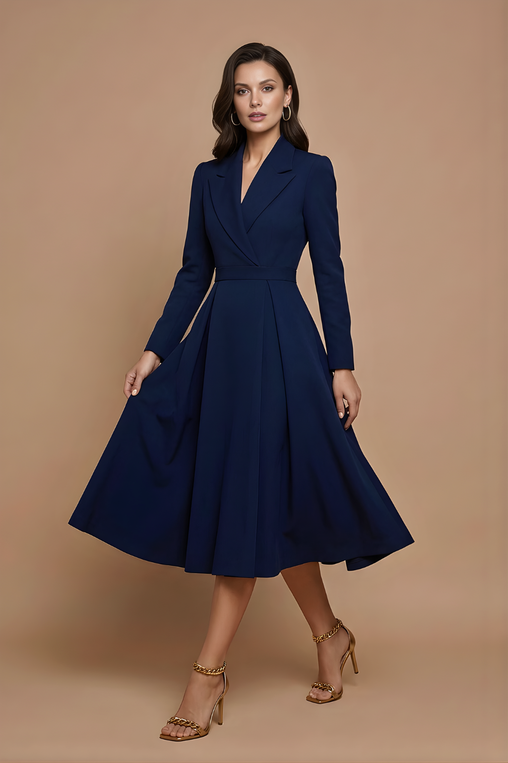 Notched Lapel Pleated A-Line Midi Dress