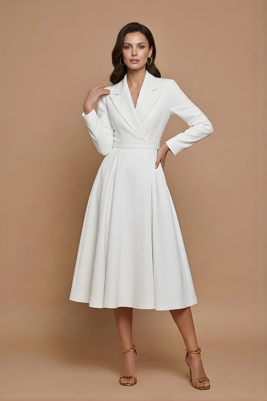 Notched Lapel Pleated A-Line Midi Dress