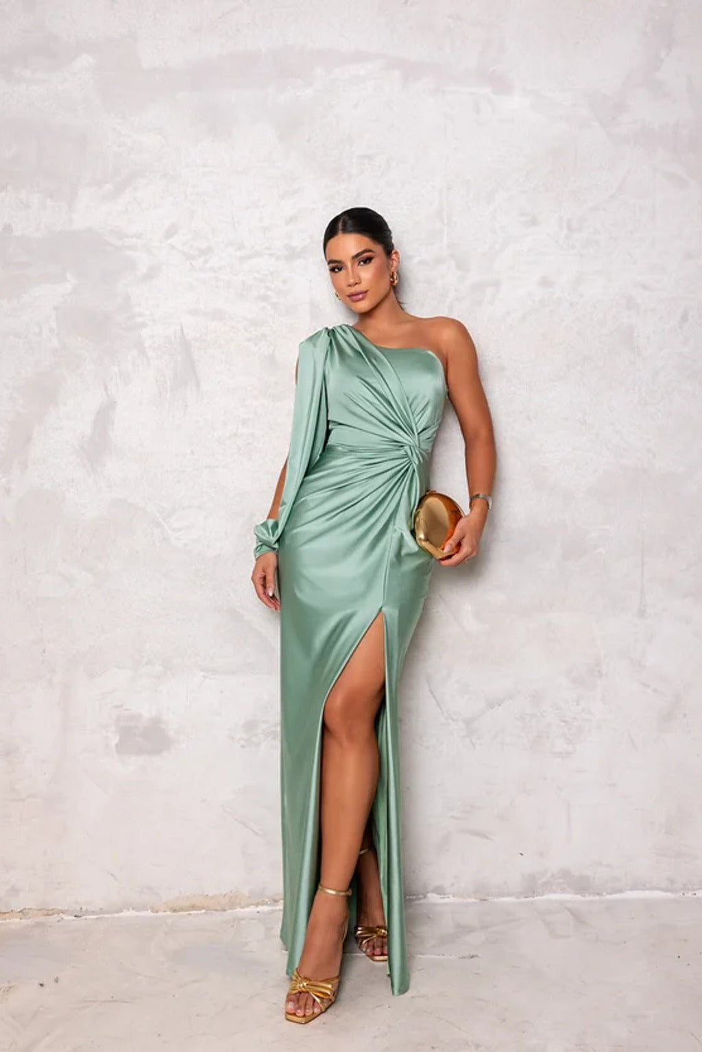 Evora One-Shoulder Satin Evening Dress with Side Slit