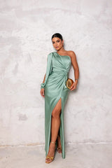 Evora One-Shoulder Satin Evening Dress with Side Slit