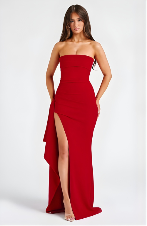 Golden Gate Strapless Twisted Maxi Dress with High Slit