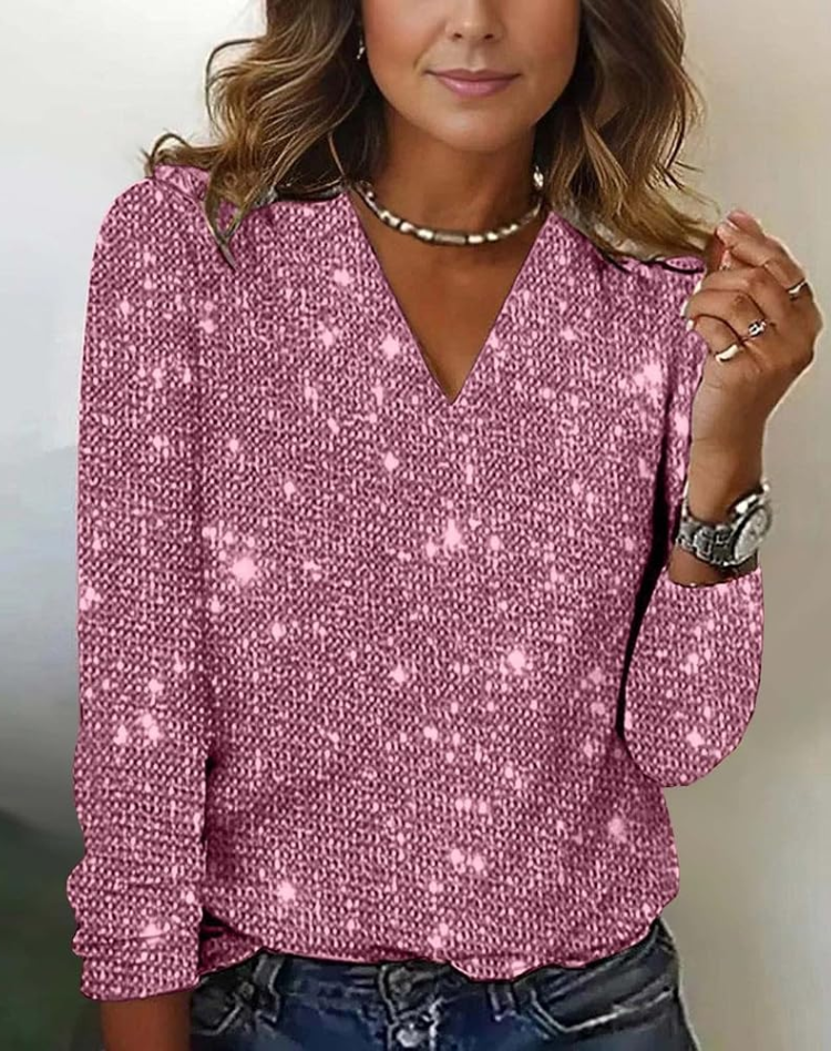 Catalina Glitter V-Neck Long Sleeve Top