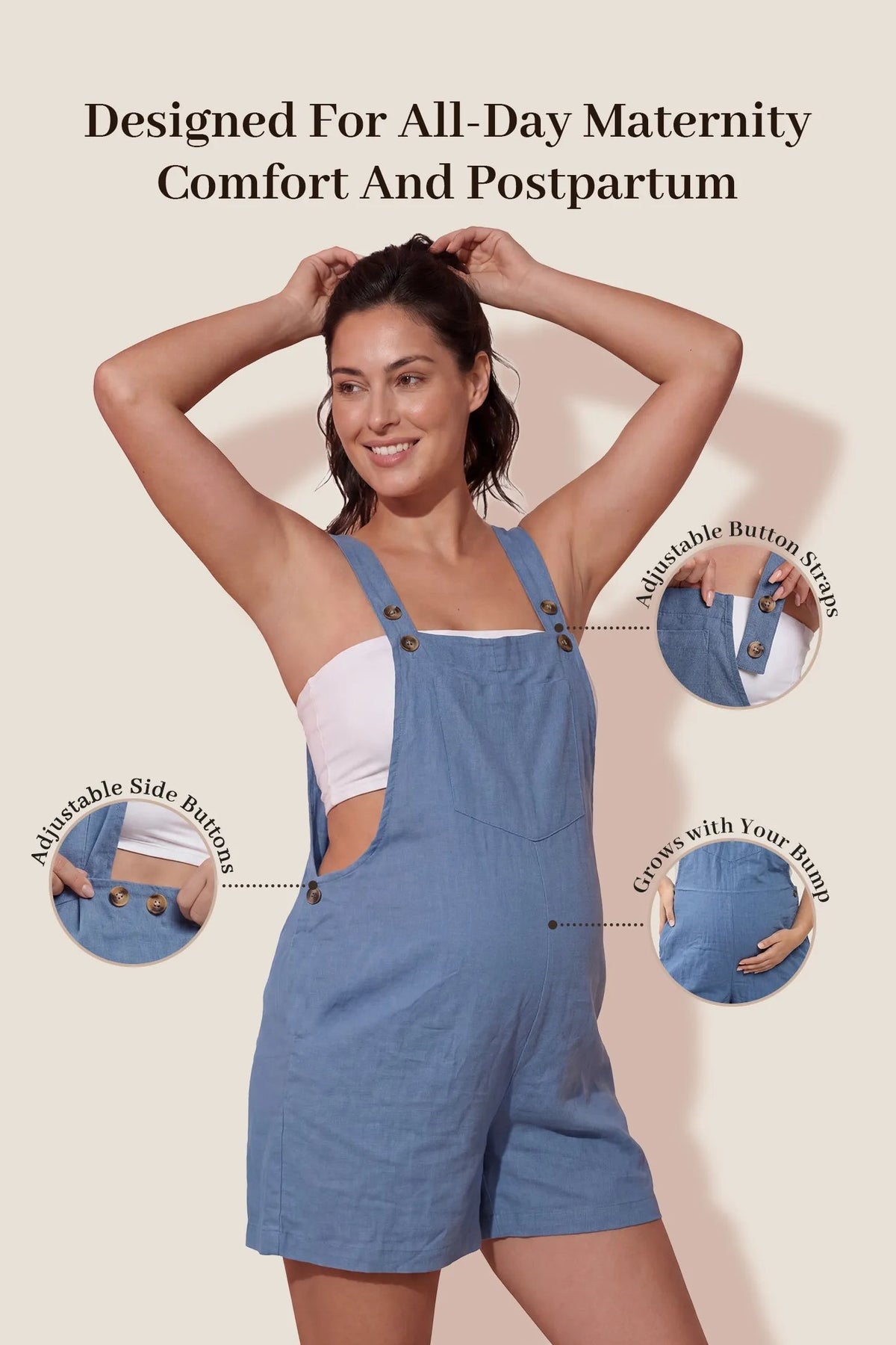 Adjustable-Waist Maternity Short Overalls with Pockets