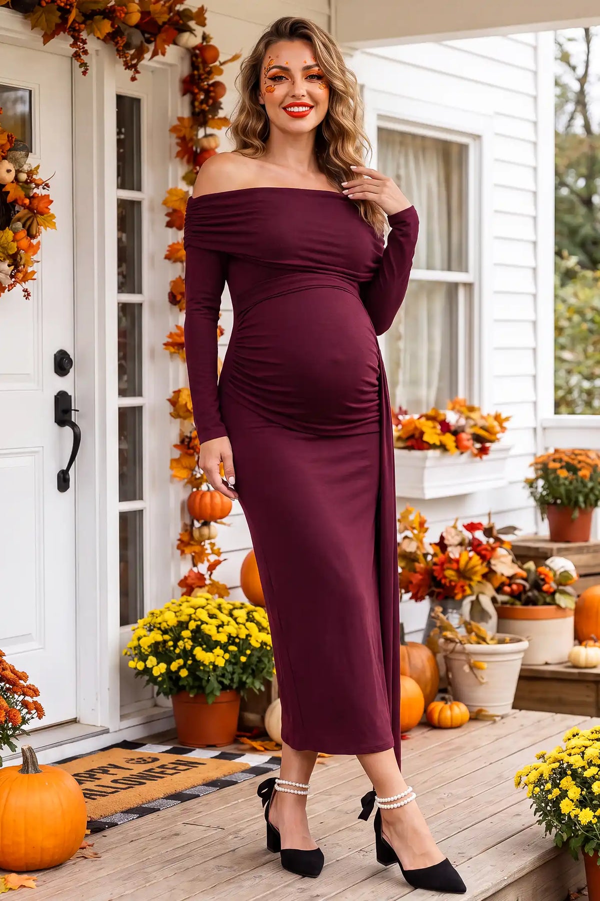 Opal Off-Shoulder Ruched Bodycon Maternity Maxi Dress