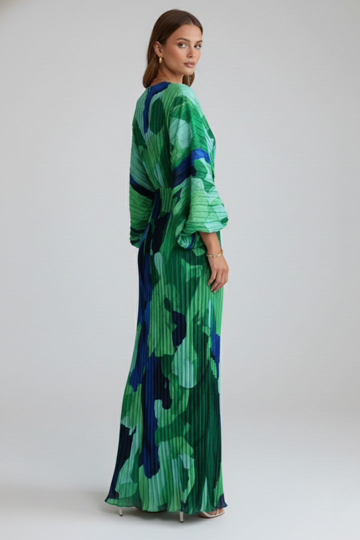 Santa Fe Pleated V-Neck Maxi Dress with Side Slit