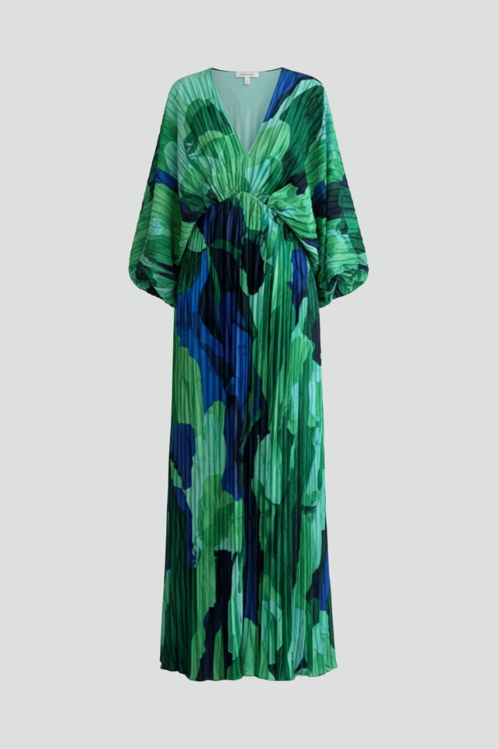 Santa Fe Pleated V-Neck Maxi Dress with Side Slit