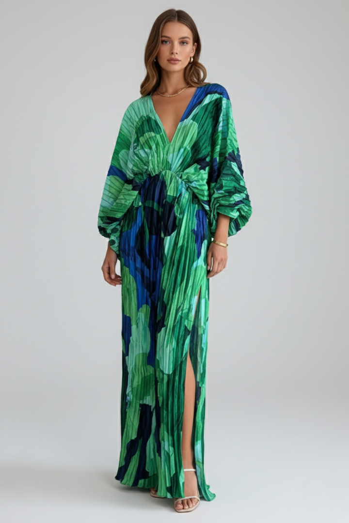Santa Fe Pleated V-Neck Maxi Dress with Side Slit