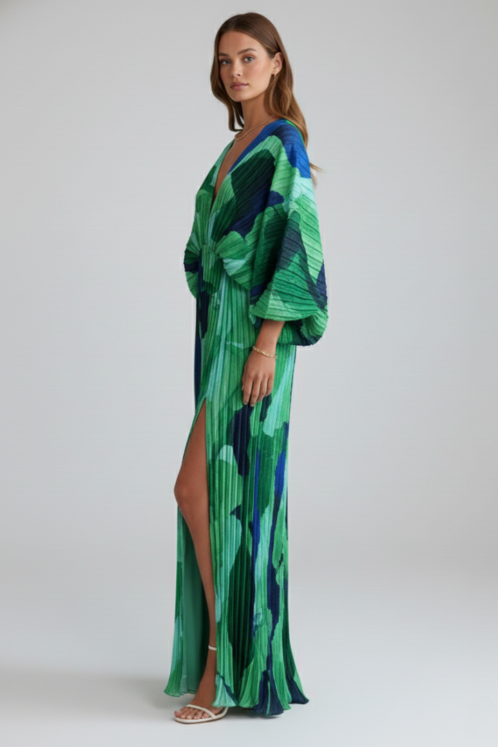 Santa Fe Pleated V-Neck Maxi Dress with Side Slit