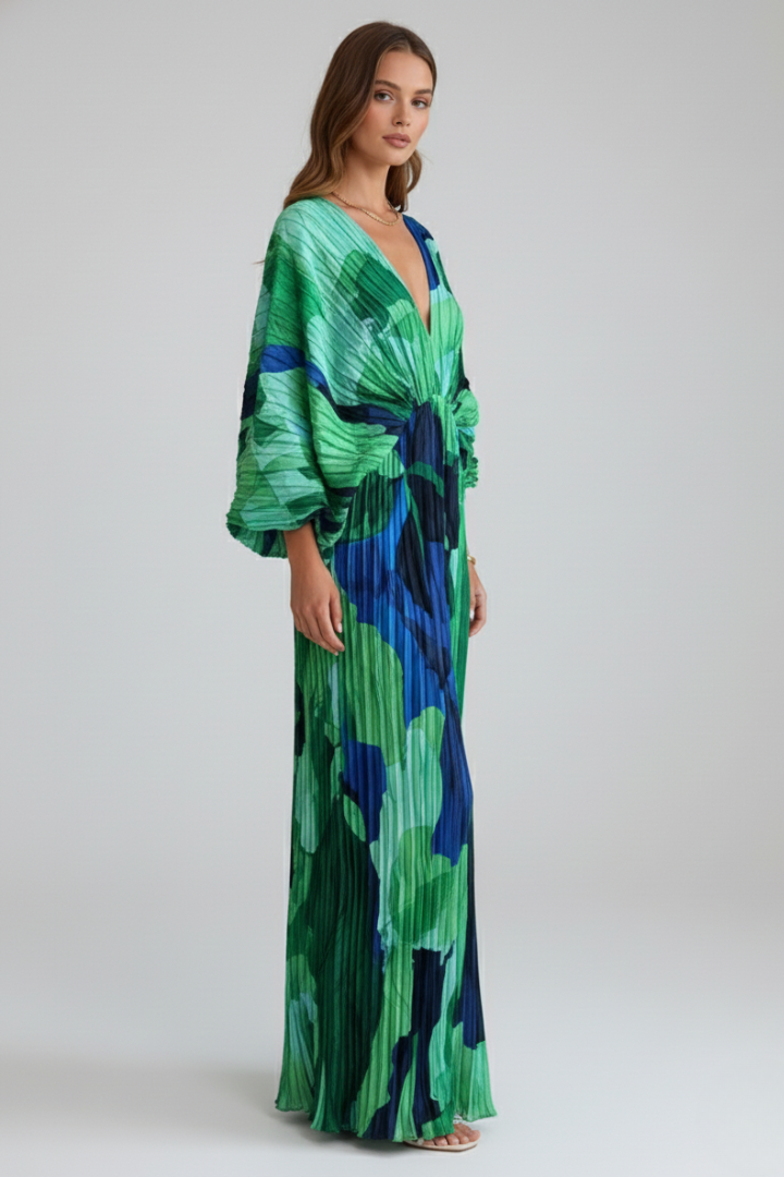 Santa Fe Pleated V-Neck Maxi Dress with Side Slit